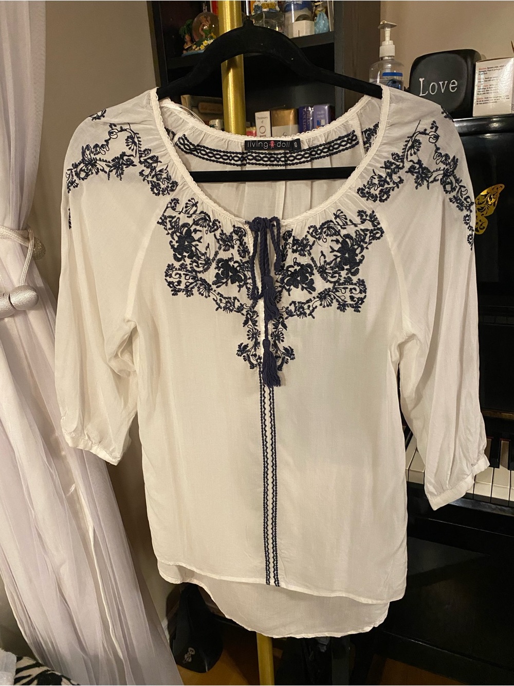 living doll White Blouse with Navy Floral Embroidery